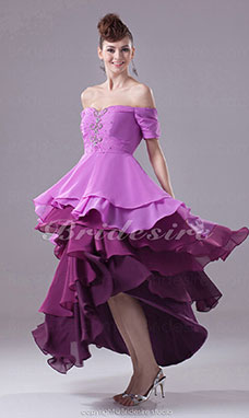Corte A Strapless Asimétrico Manga Corta Gasa Vestido