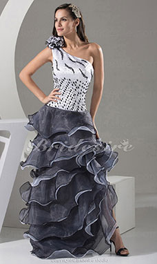 Corte Sirena Solo Hombro Hasta el Suelo Sin Mangas Satén Organza Vestido de Quinceanera