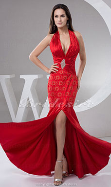 Corte Sirena Escote Halter  Hasta el Suelo Sin Mangas Tramo Satén Vestido de noche