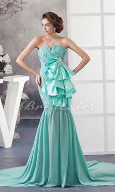 Corte Sirena Escote en V Barrer / cepillo tren Sin Mangas Gasa Elastic Silk-like Satén Vestido