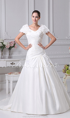 Corte Evasé Escote en V Cola Corte Manga Corta Satén Vestido de Novia