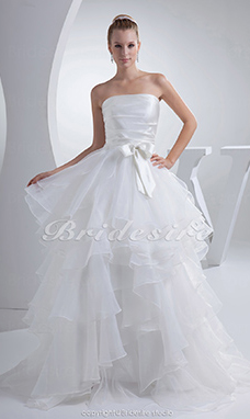 Corte Evasé Strapless Hasta el Suelo Sin Mangas Satén Organza Vestido de Novia