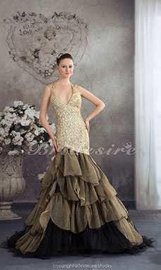 Corte Sirena Escote Halter  Cola Gorrailla Sin Mangas Organza Vestido de Quinceanera