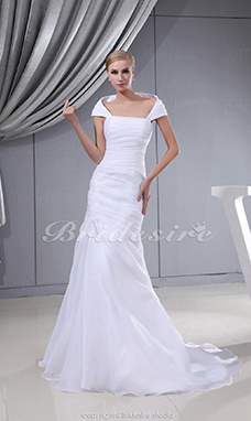 Corte Sirena Hombros Caídos Barrer / cepillo tren Sin Mangas Organza Vestido de Novia