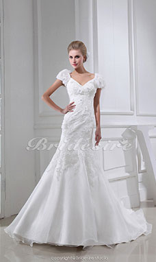 Corte Sirena Escote en V Barrer / cepillo tren Manga Corta Organza Vestido de Novia