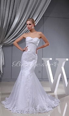Corte Sirena Strapless Barrer / cepillo tren Sin Mangas Encaje Satén Vestido de Novia