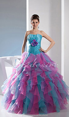 Corte Evasé Strapless Hasta el Suelo Sin Mangas Organza Satén Vestido de Quinceanera