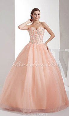 Corte Evasé Escote Corazón Hasta el Suelo Sin Mangas Organza Vestido de Quinceanera
