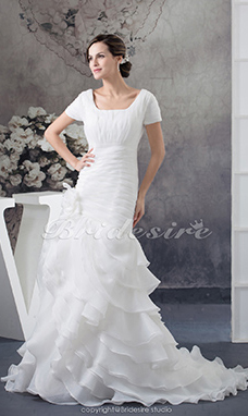 Corte Sirena Escote Cuadrado Cola Corte Manga Corta Organza Vestido de Novia