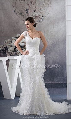 Corte Sirena Solo Hombro Barrer / cepillo tren Sin Mangas Encaje Organza Vestido de Novia
