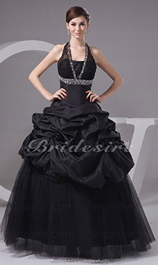 Corte Evasé Escote Halter  Hasta el Suelo Sin Mangas Tafetán Tul Encaje Vestido de Quinceanera