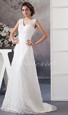 Corte A Escote en V Cola Corte Sin Mangas Gasa Encaje Vestido de Novia