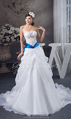 Corte A Strapless Cola Gorrailla Sin Mangas Organza Encaje Satén Vestido de Novia