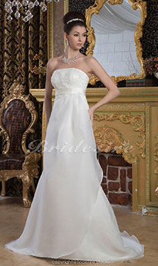Corte Recto Strapless Hasta el Suelo Barrer / cepillo tren Sin Mangas Satén Gasa Vestido de Novia