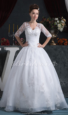 Corte Princesa Escote en V Hasta el Suelo La mitad de manga Satén Gasa Vestido de Novia
