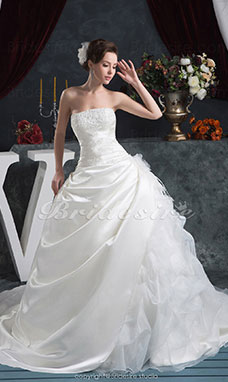 Corte Evasé Strapless Hasta el Suelo Cola Gorrailla Sin Mangas Satén Vestido de Novia