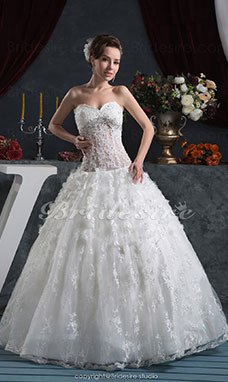 Corte Princesa Escote Corazón Hasta el Suelo Sin Mangas Encaje Gasa Vestido de Novia