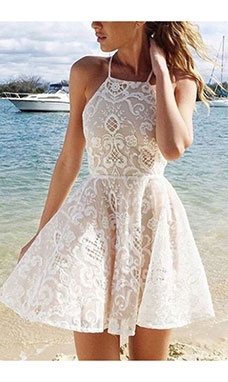 Corte A Escote Halter Sin Mangas Encaje Vestido de cóctel