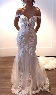 Corte Sirena Hombros Caídos Cola Corte Encaje Vestido de Novia