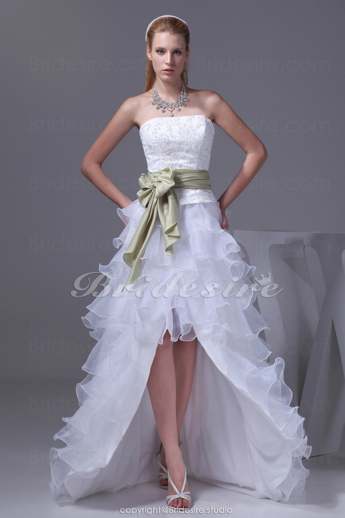 Corte A Strapless Asimétrico Cola Corte Sin Mangas Organza Encaje Tafetán