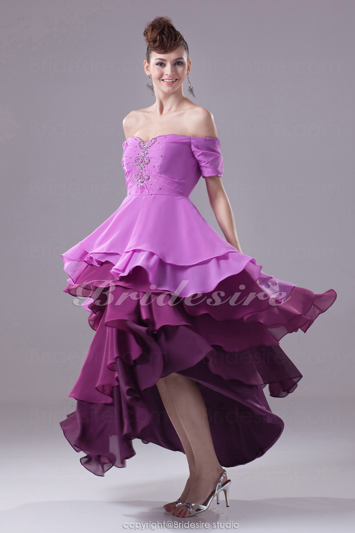 Corte A Strapless Asimétrico Manga Corta Gasa Vestido de cóctel