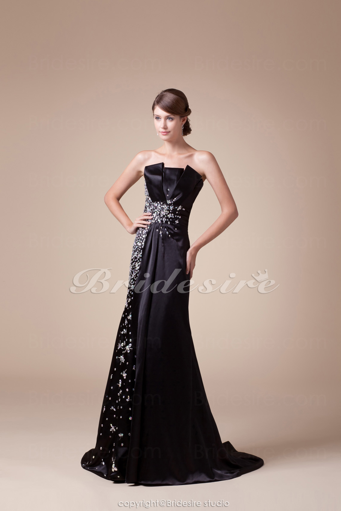 Corte Sirena Strapless Hasta el Suelo Sin Mangas Satén Vestido de noche