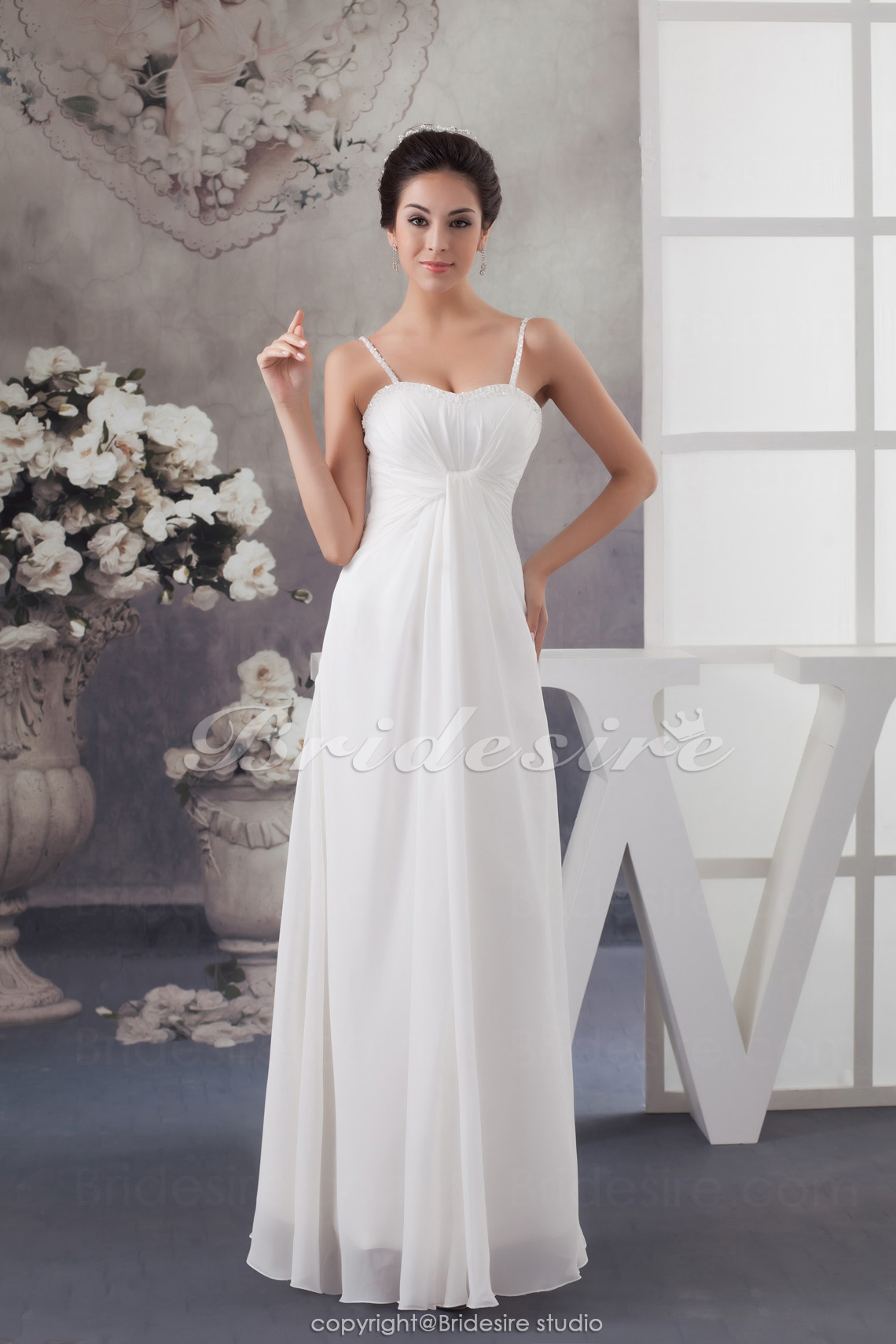 Corte Recto Tirantes Espaguetis Hasta el Suelo Sin Mangas Gasa Vestido de Novia