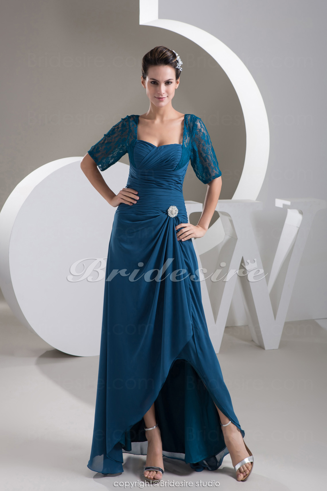 Corte Recto Escote Corazón Hasta el Suelo Manga de longitud 3/4 Gasa Vestido de Madrina
