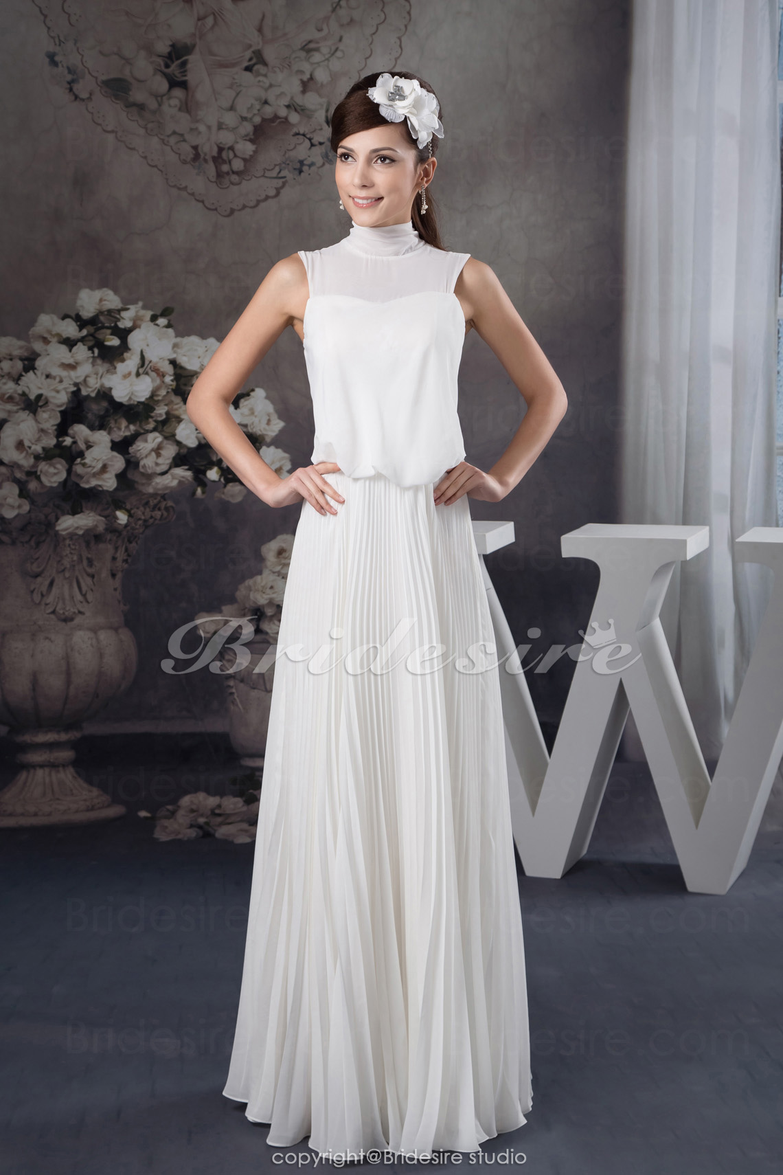 A-Linie Stehkragen bodenlang ärmellos Chiffon