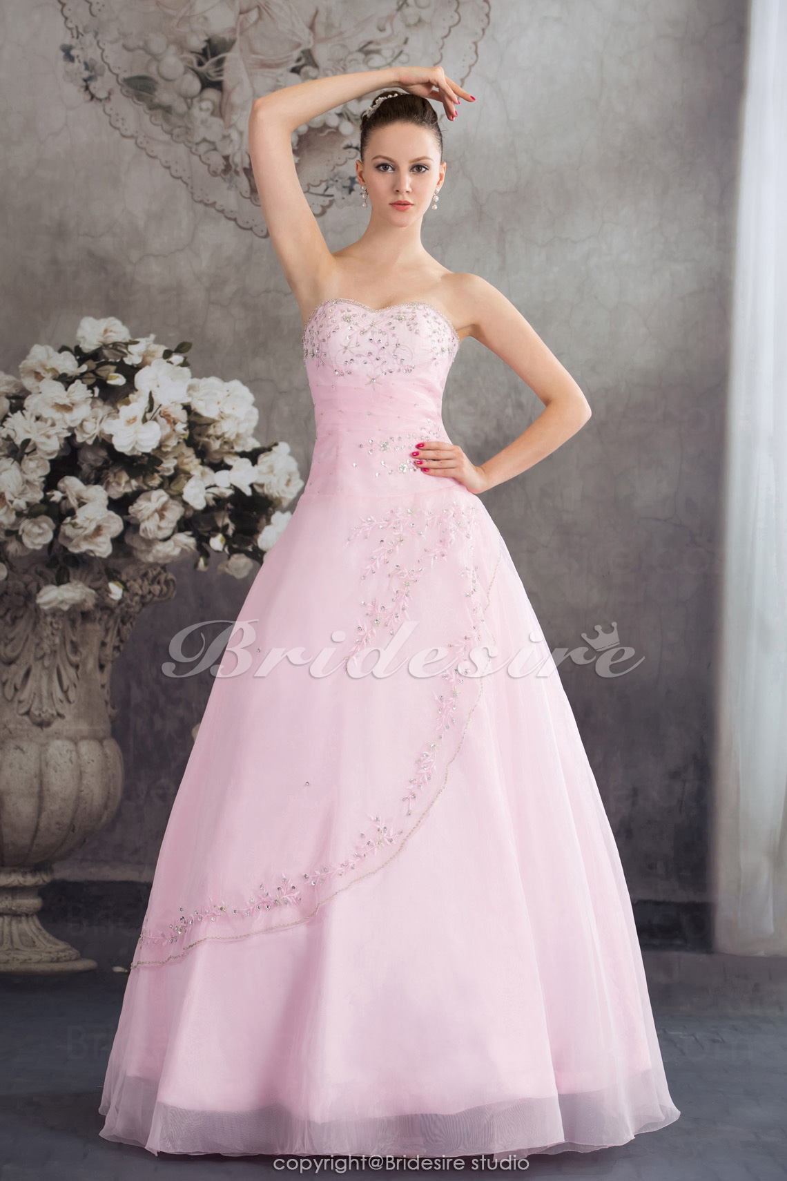 Corte Evasé Strapless Hasta el Suelo Sin Mangas Organza Vestido de Quinceanera