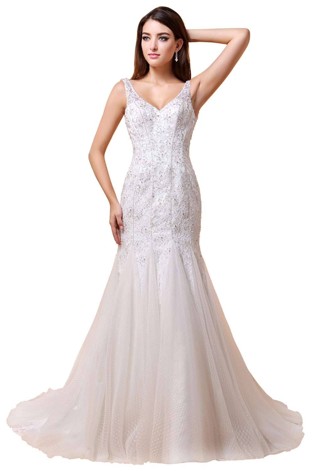 Corte Recto Escote en V Cola Corte Tul Vestido de Novia