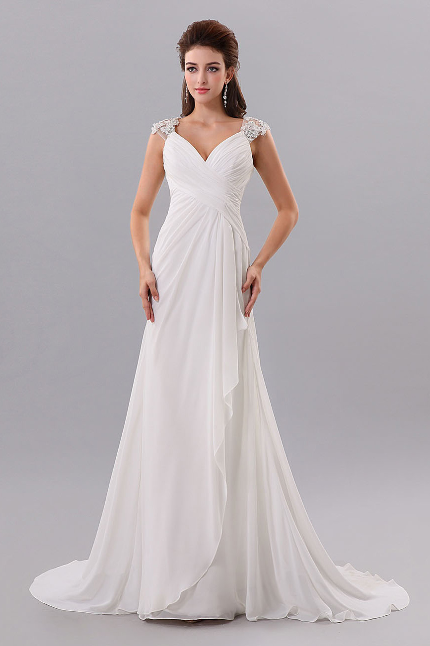 Corte Recto Escote en V Barrer / cepillo tren Gasa Vestido de Novia