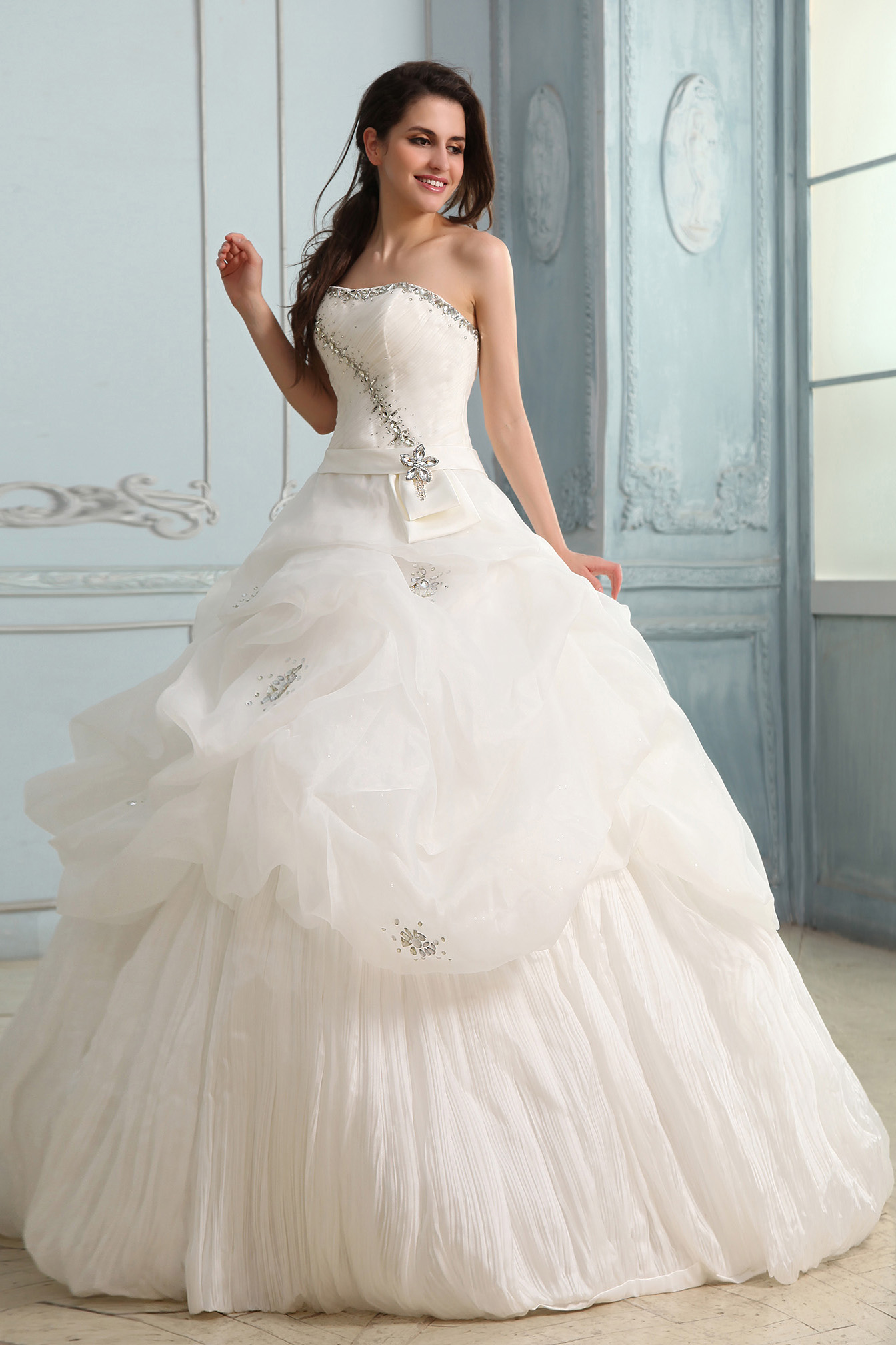 Corte Evasé Strapless Barrer / cepillo tren Organza Vestido de Novia