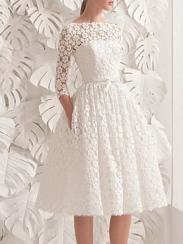 Corte A Escote A la Base Hasta la Rodilla Encaje Vestido de Novia