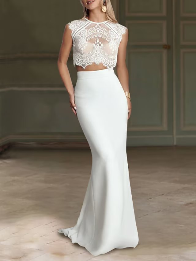 Corte A Escote Alto Barrer / cepillo tren Encaje Vestido de Novia