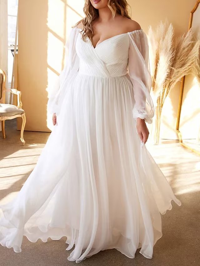 Corte A Hombros Caídos Hasta el Suelo Gasa Vestido de Novia