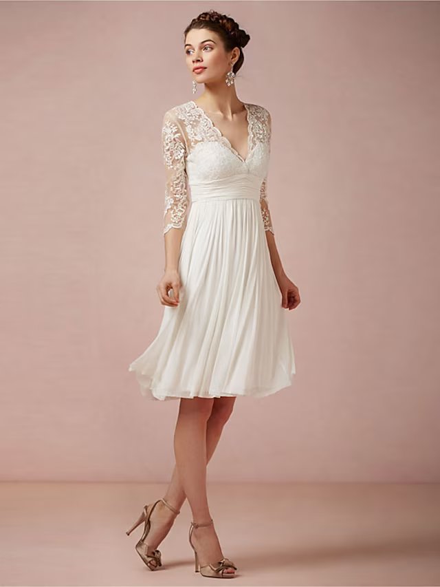 Corte A Escote en V Hasta la Rodilla Encaje Vestido de Novia